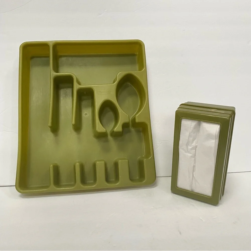 Vtg 70s Avocado Green Rubbermaid Utensil Holder Tray 2922 & Napkin Holder
